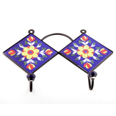 Navy Blue And Yellow Sun Flower Ceramic Tiles Hooks 